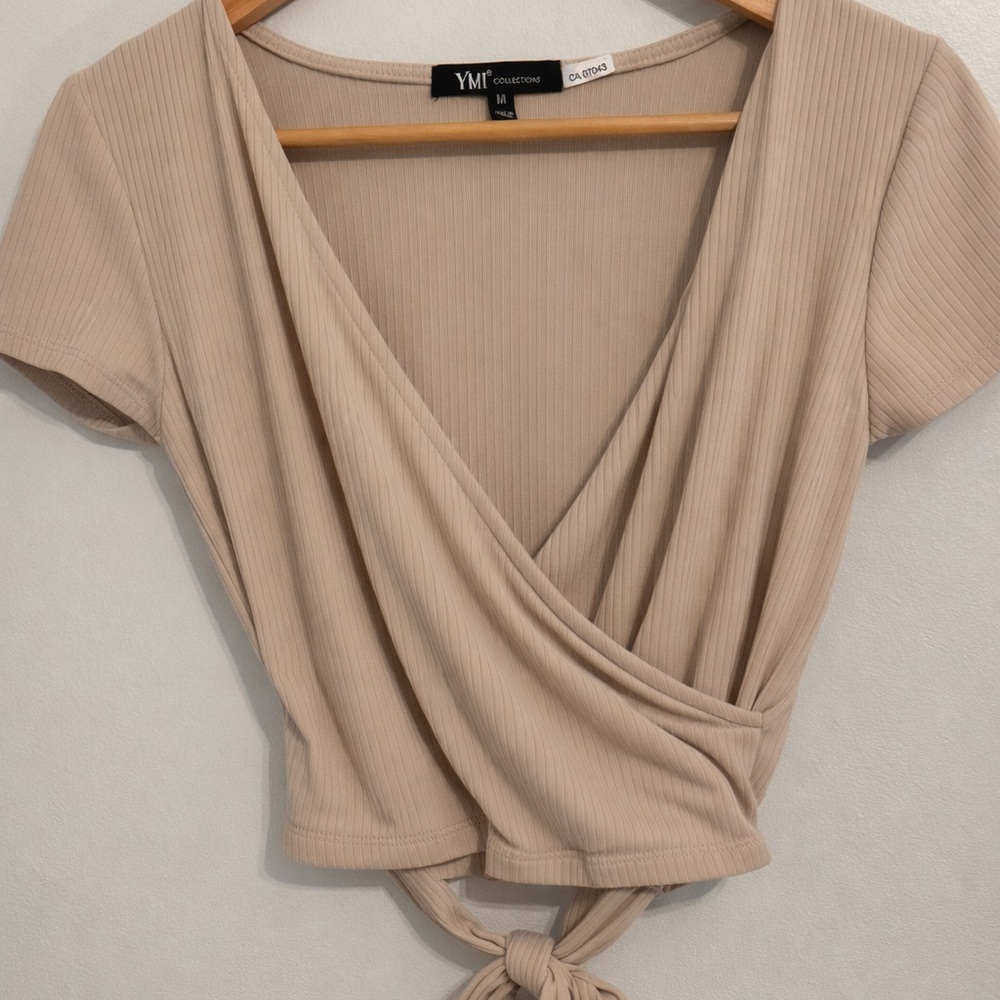 Beige Ribbed Wrap Crop Top Size M Neutral Aesthetic Minimalist